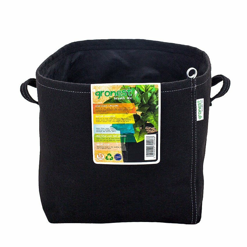 15 Liter Pflanzsack (Growbag) aus schwarzem Geotextil und seitlichen Griffen.