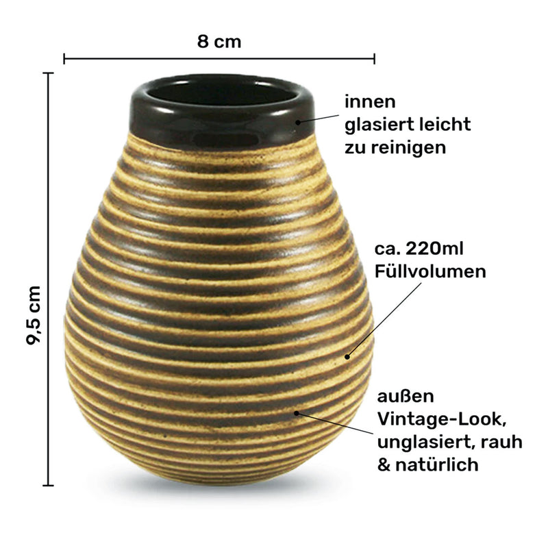 Vintage Keramik Trinkbecher in braun, geriffelt. Höhe: 9,5 cm, Durchmesser Öfffnung: 8 cm