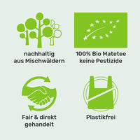 4 Siegel. AUs nachhaltigen Mischwäldern. 100% Bio Matetee. Ohne Pestizide. Fair und direkt gehandelt. Plastikfrei