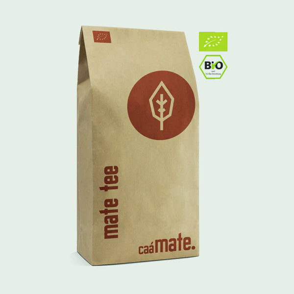 Mate Tee in einer 100g Verpackung. Frontseite mit Logo
