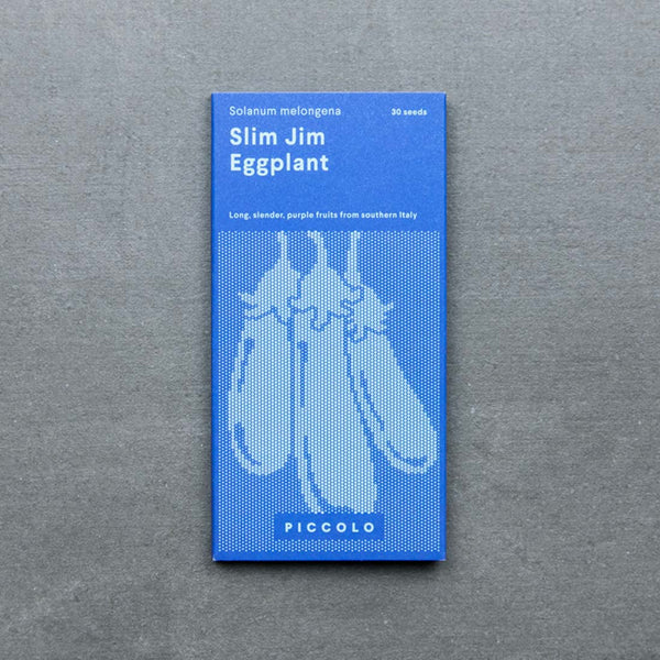 Slim Jim Aubergine. Blaue Verpackung mit schöner Illustration von Piccolo Seeds
