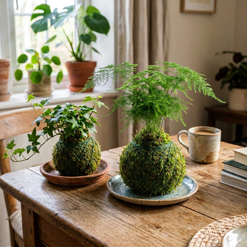 Two moss-covered kokedama plants on plates atop a wooden table